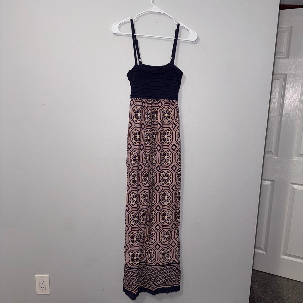 Lilka Anthropologie Navy Bodice & Tan Geometric Print Maxi Dress Size XS